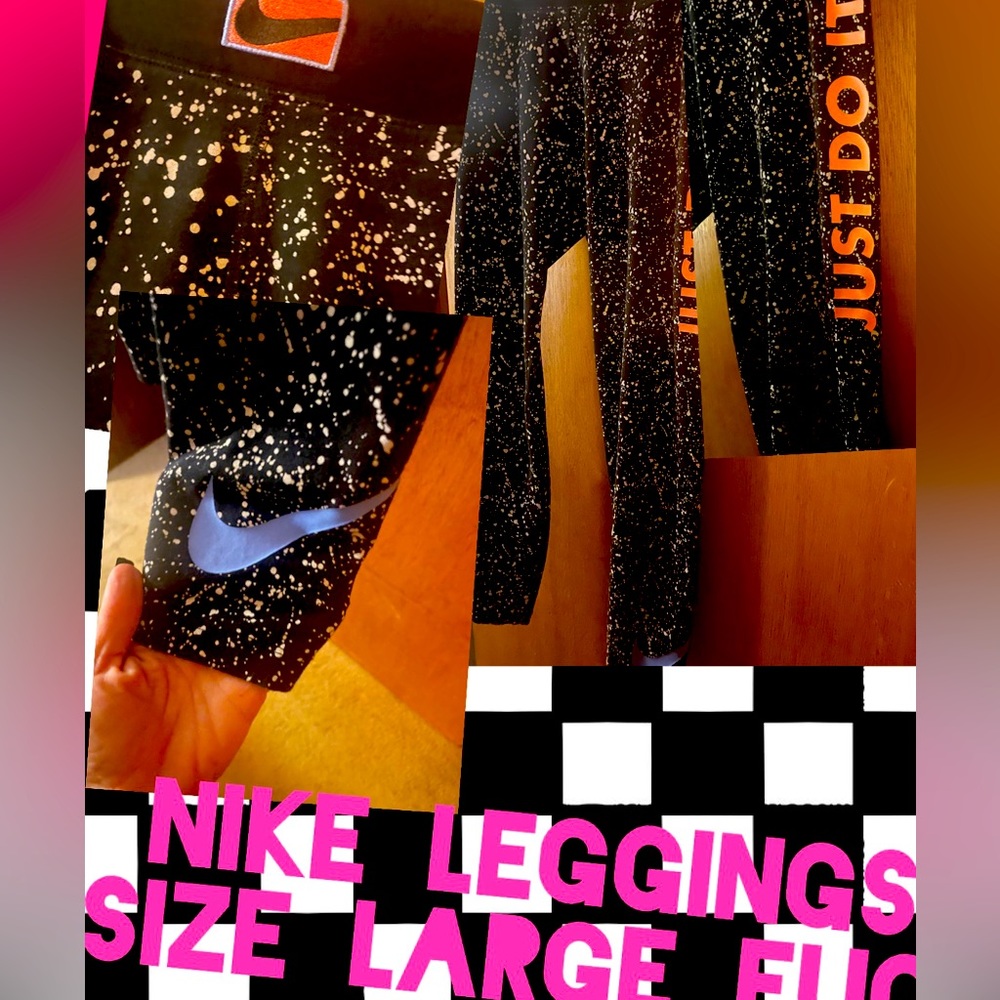 Black Nike leggings with white splatter paint design & coral accents!